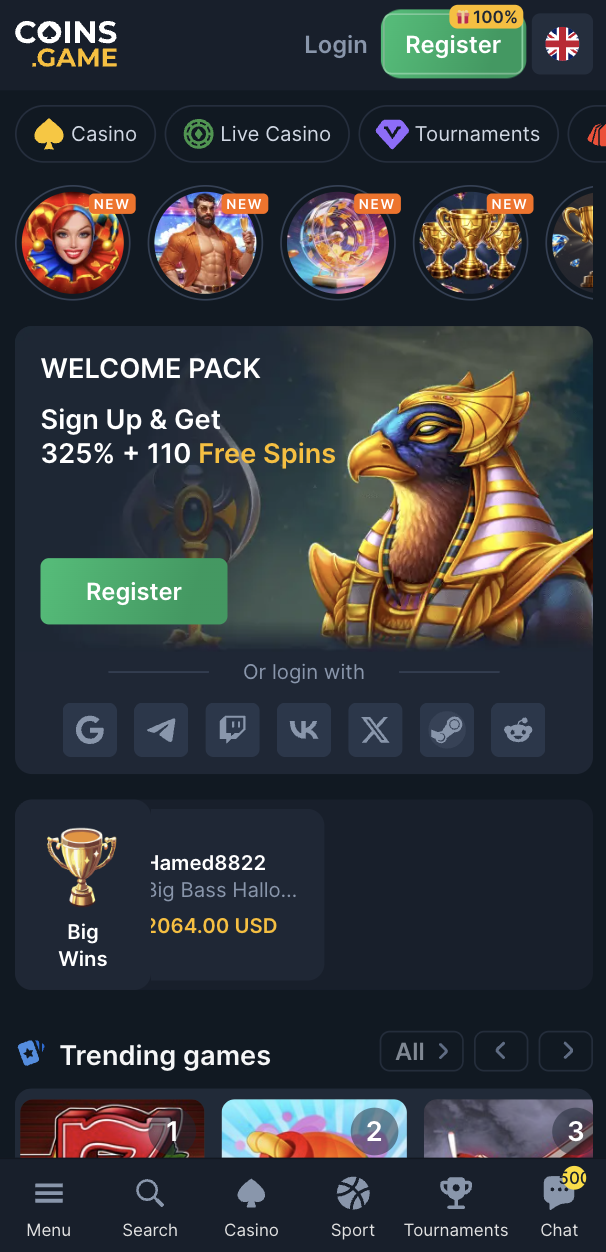 Coins.Game mobile version – Welcome Pack in the browser