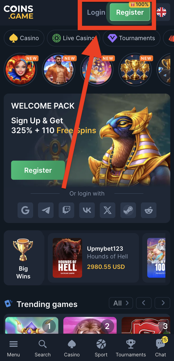 Coins.Game – Registration button
