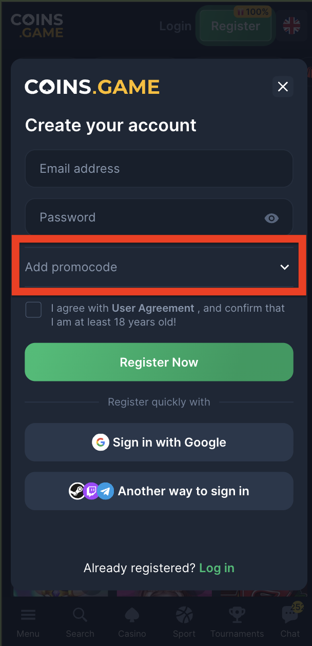 Registration form – Add promo code tab